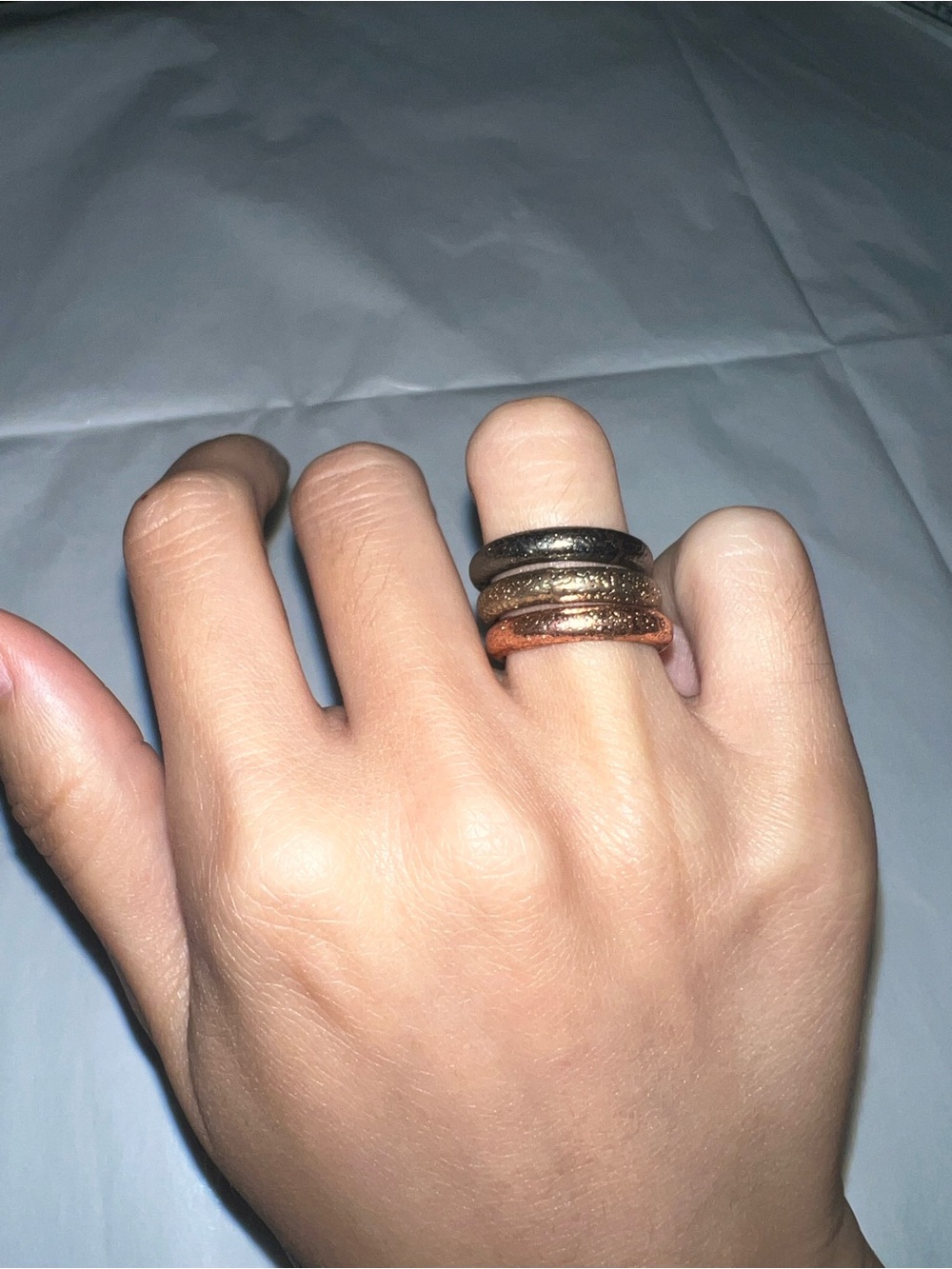 3 Stackable Metallic Band Rings Set- Black, Gold & Rose Gold